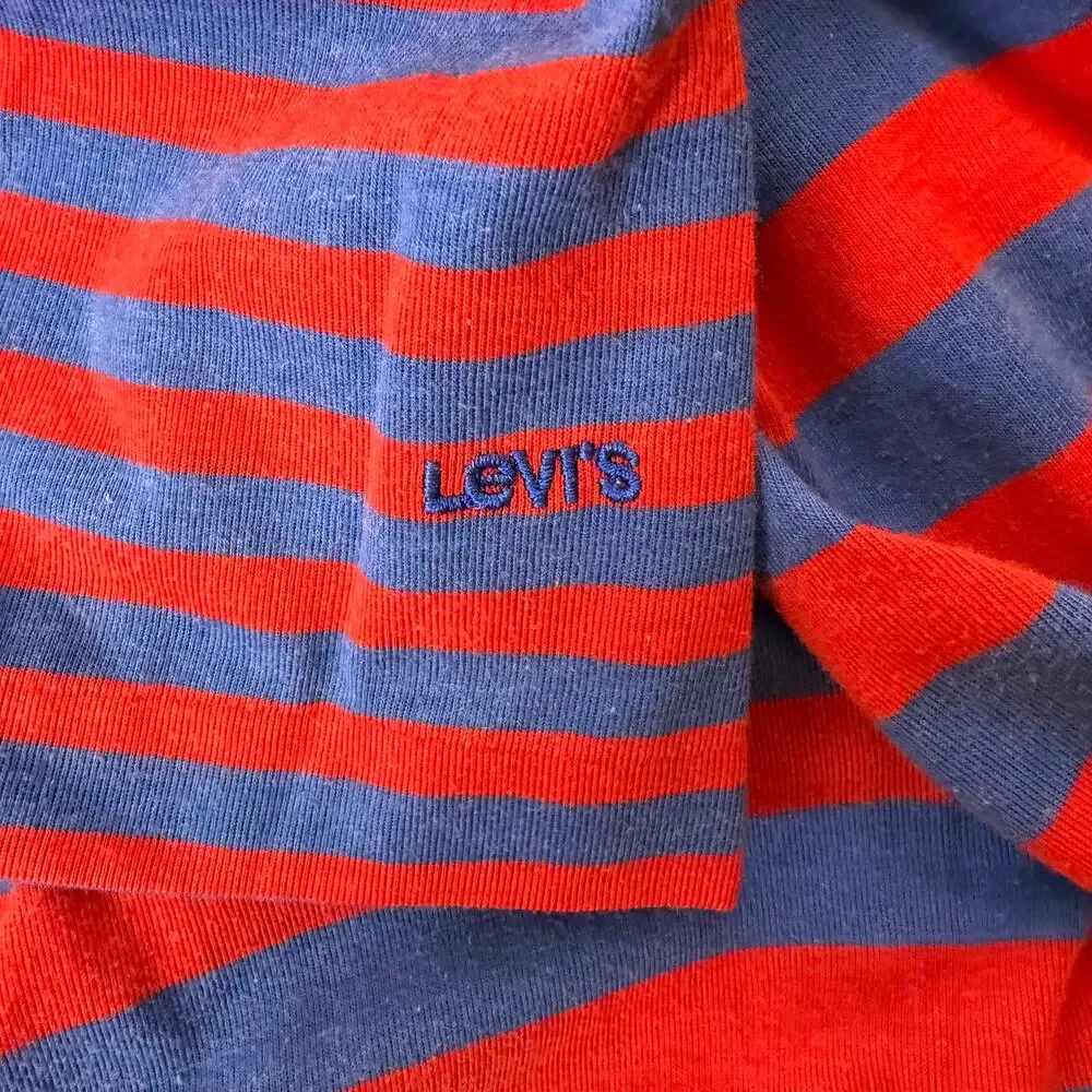 VTG 80s Levi’s Red Blue Striped Henley Shirt L Made in Korea Sleeve Logo Preppy